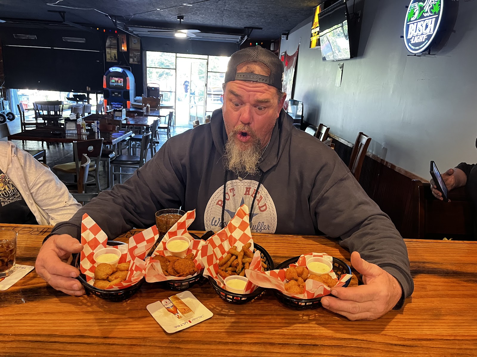 Fried appetizer flight — pickles, mushrooms, green beans, cheese curds
